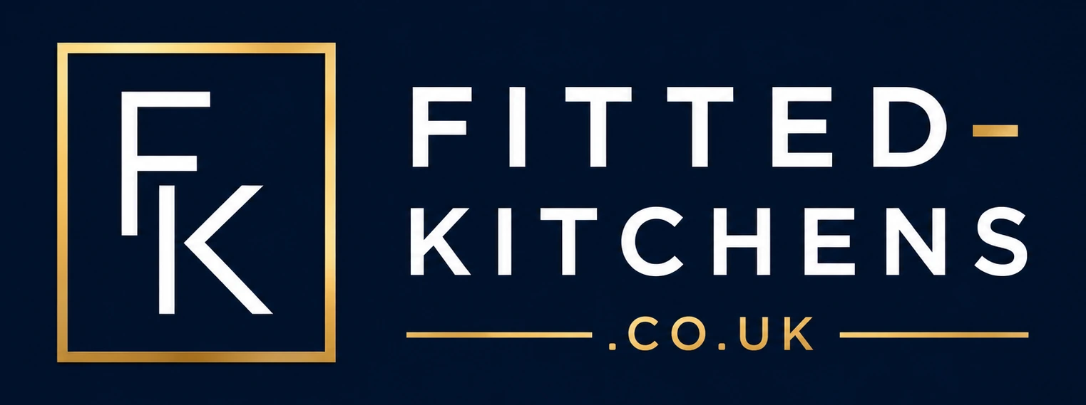 Fitted Kitchens logo with FK monogram in gold copper frame