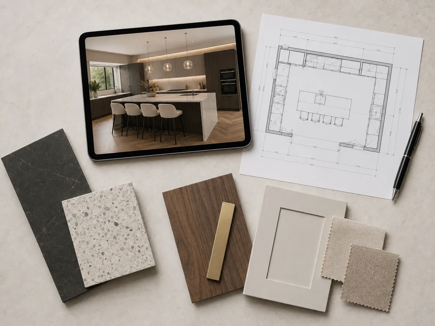 Kitchen plan, material samples and finished kitchen visual used for online kitchen design help