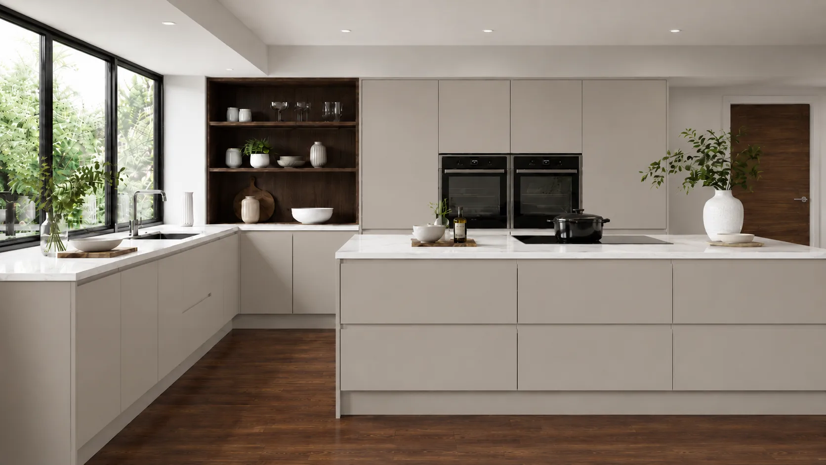 Cashmere matt J-profile handleless fitted kitchen