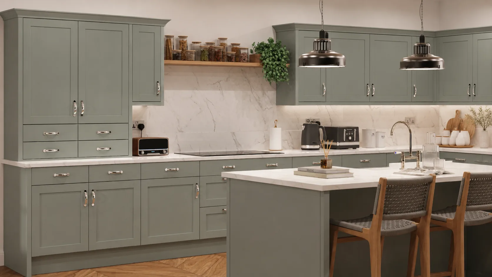 Sage green slim frame Shaker fitted kitchen style