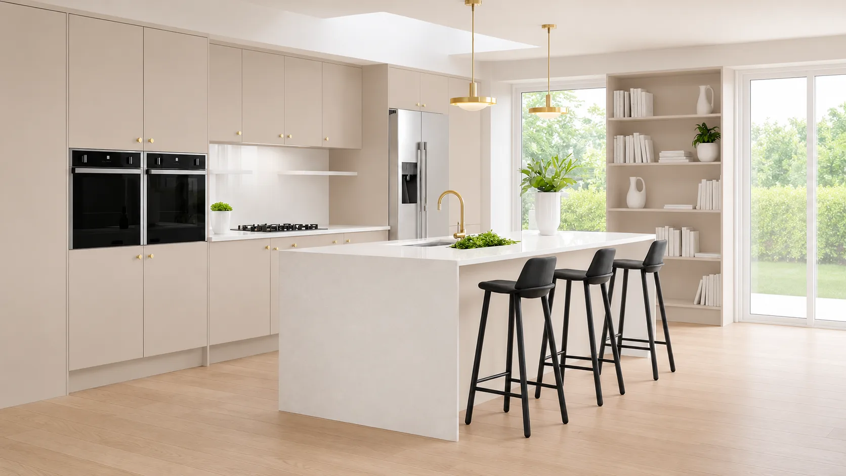 Cashmere slab kitchen with a coordinated worktop