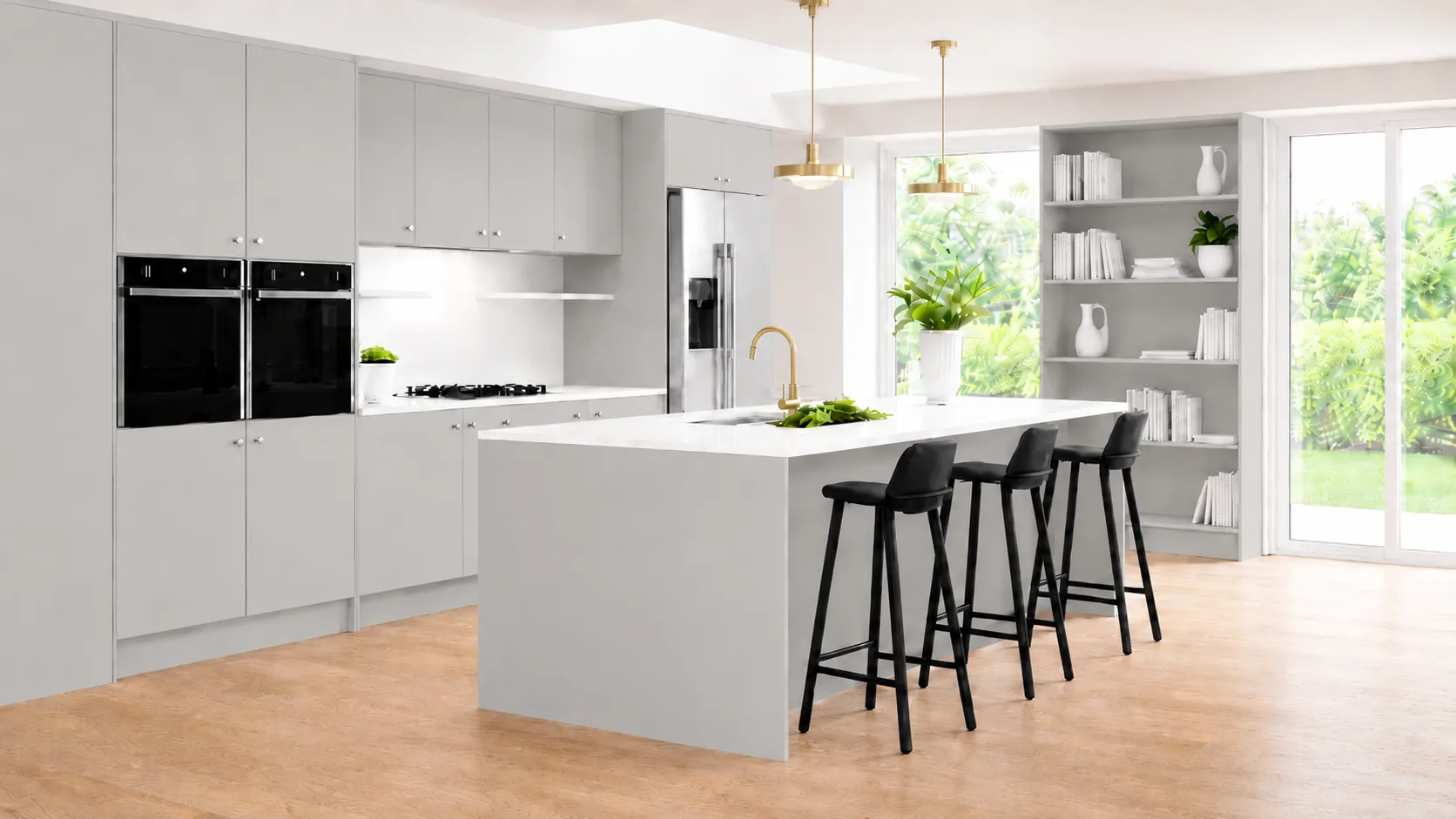 Light grey matt slab fitted kitchen style