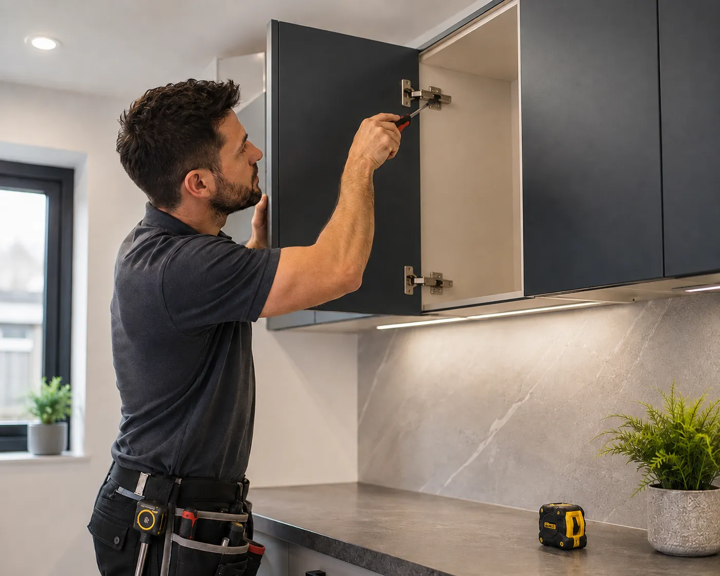 Kitchen fitter installing a cabinet in a fitted kitchen